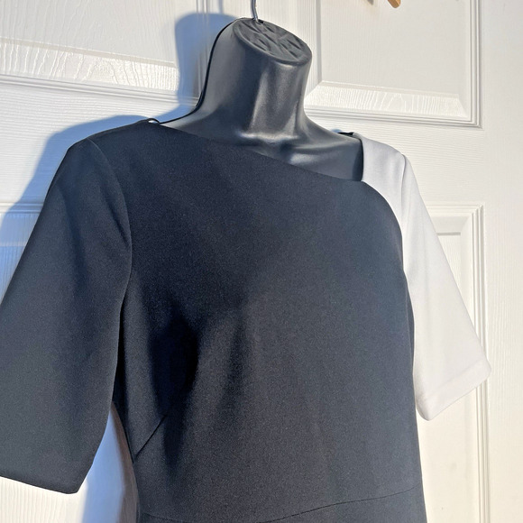 Maggie London Dress Women US 6 Black White Colorblock Asymmetric Neckline Career - Picture 2 of 11